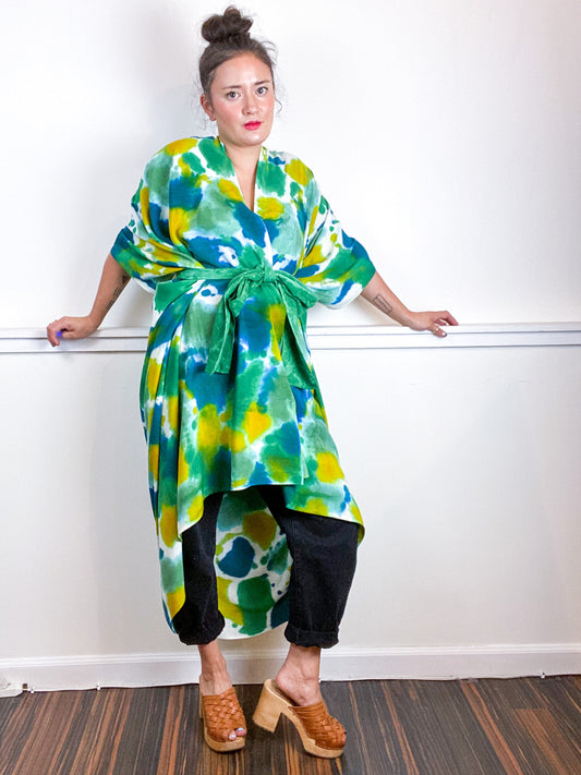 OOAK Hand-Dyed High Low Kimono Emerald Sea Chartreuse Kingfisher Inkblot