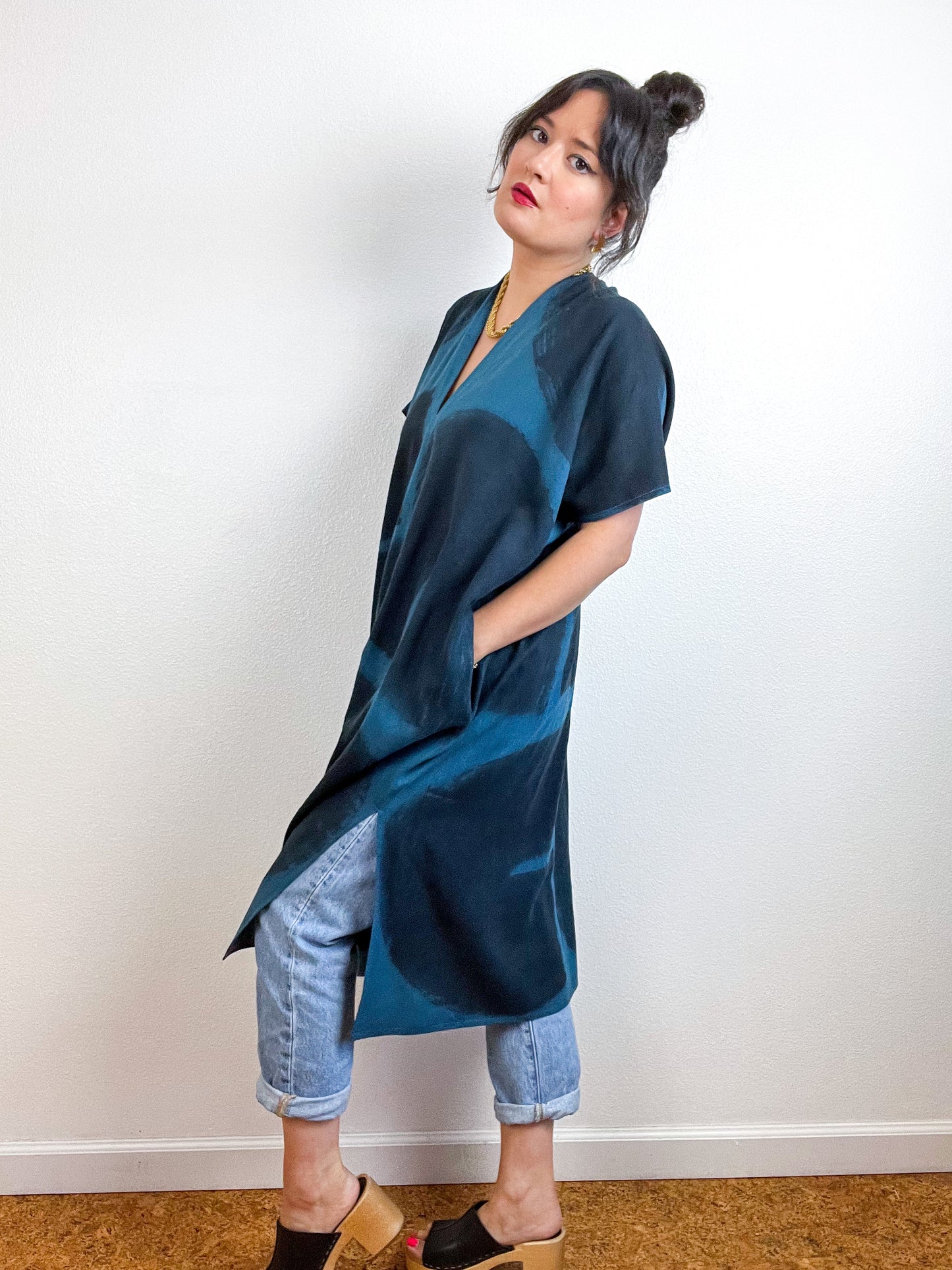 Hand-Dyed Midi Smock Dress Teal Black Brush