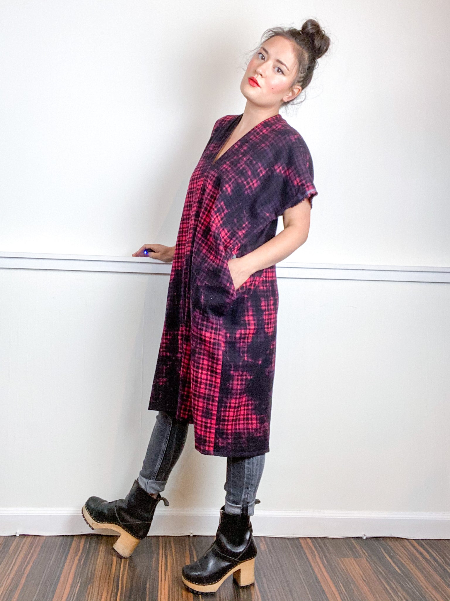 Over-Dye Plaid Smock Dress Black Red Classic