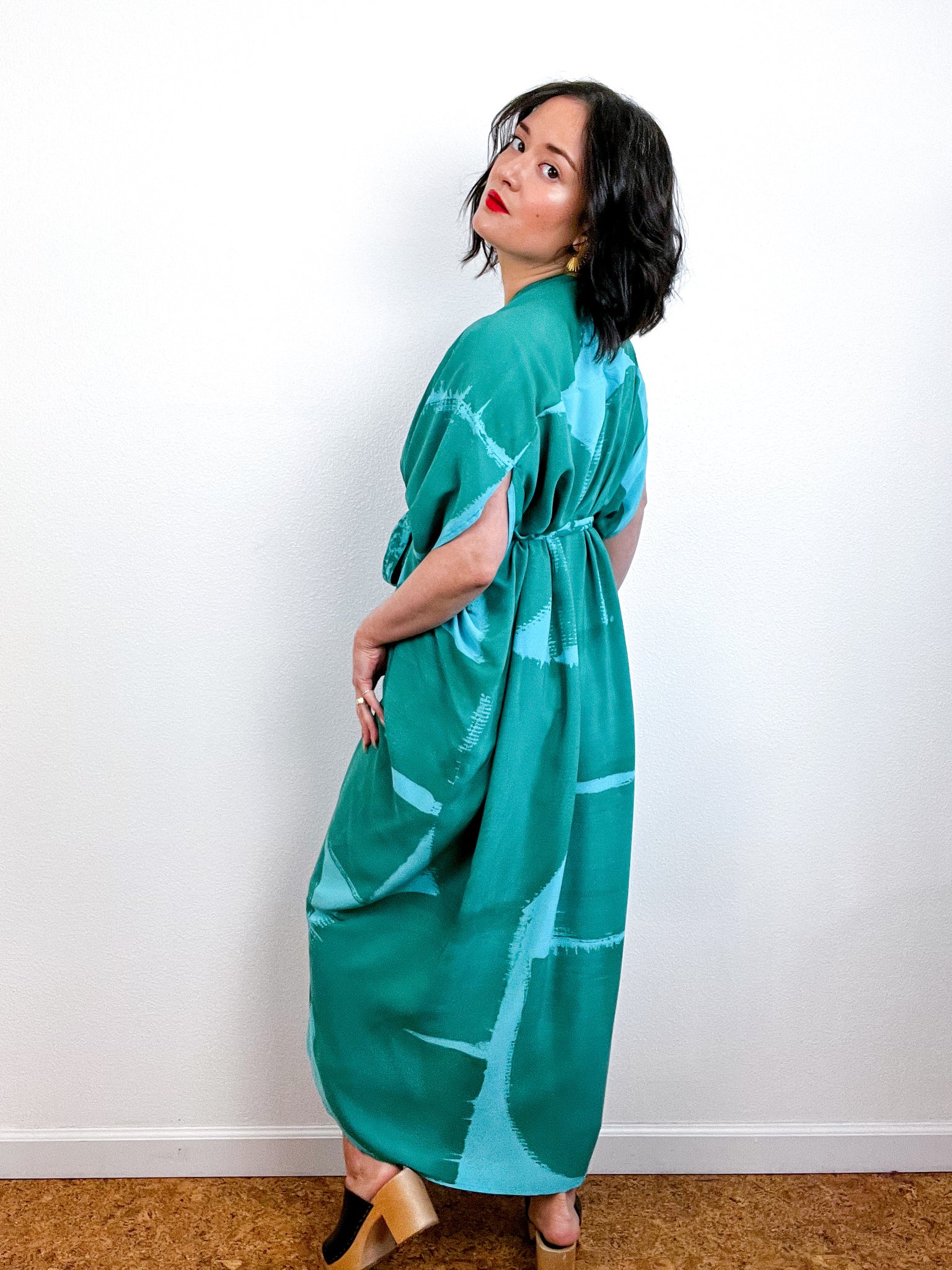 Hand-Dyed High Low Kimono Turquoise Teal Brushstroke