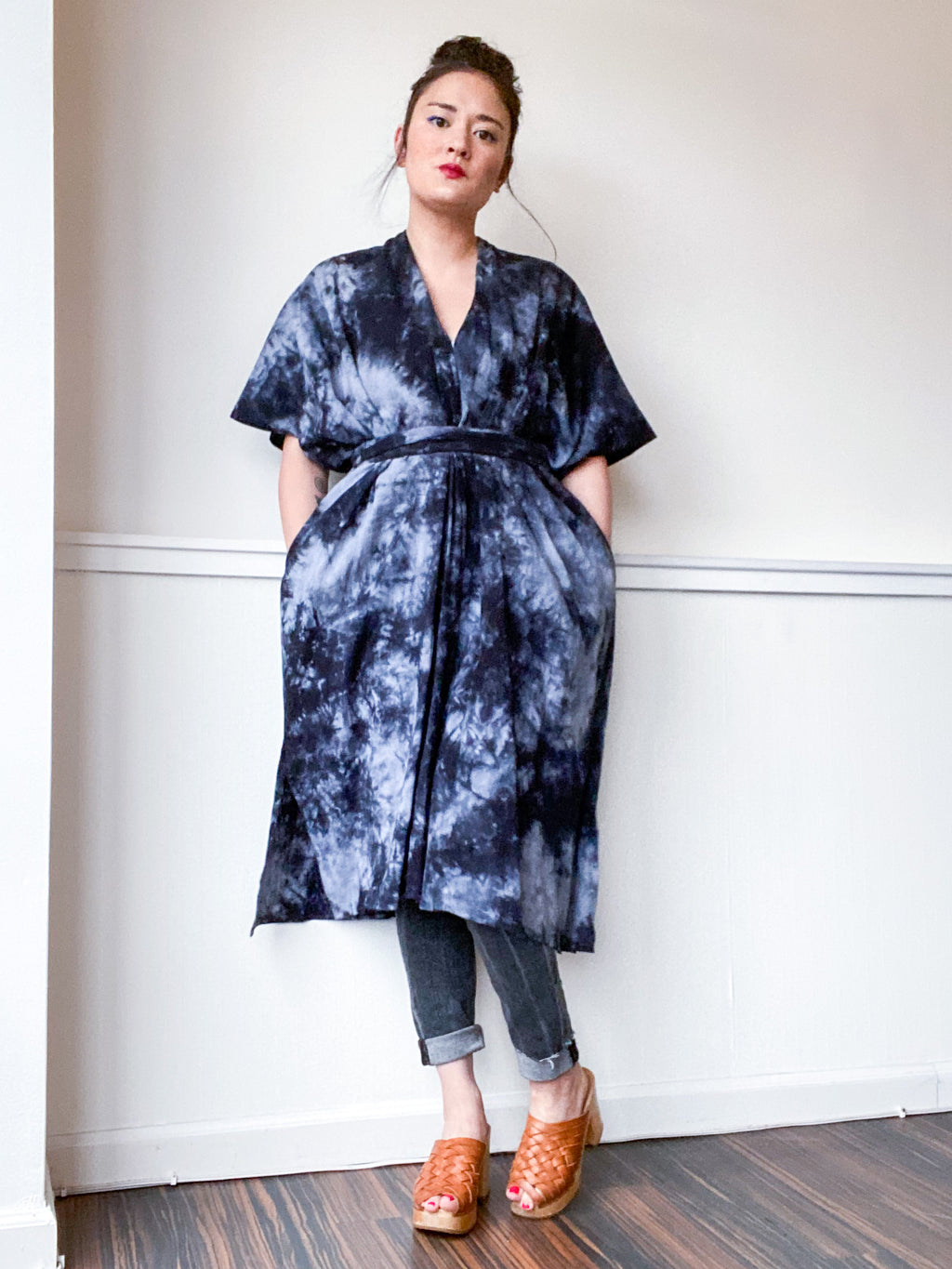 Everyday Midi Kimono Dress Hand-Dyed Black Tie