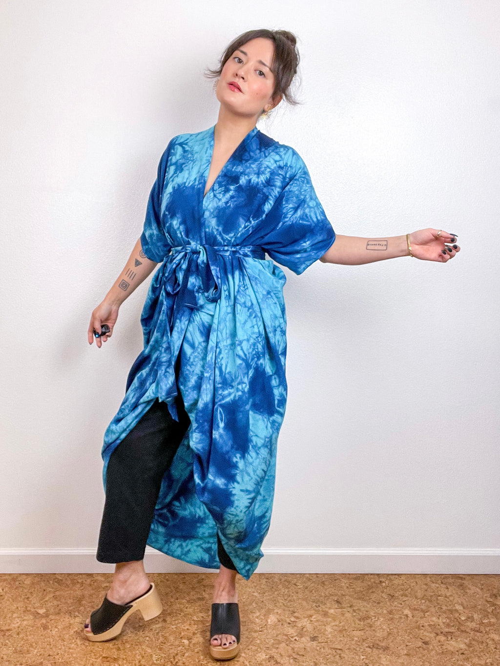 Hand-Dyed High Low Kimono Turquoise Indigo Tie