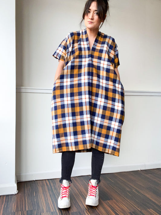Plaid Midi Smock Dress Mustard Navy