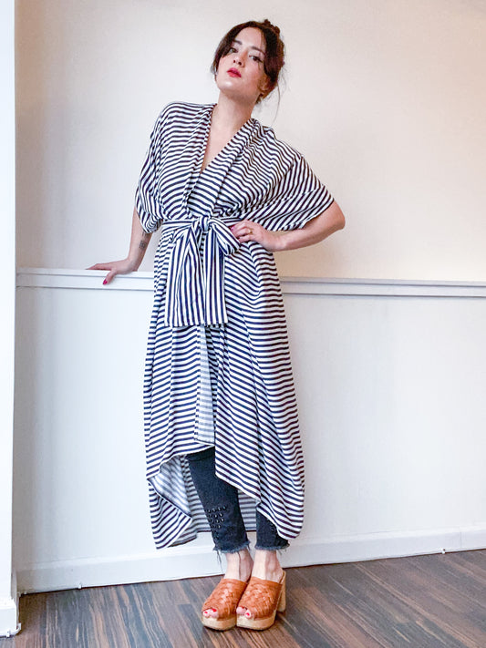 Print High Low Kimono Navy Stripes