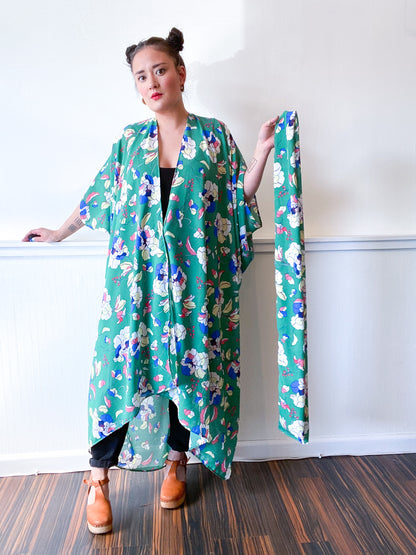 Print High Low Kimono Green Floral Georgette