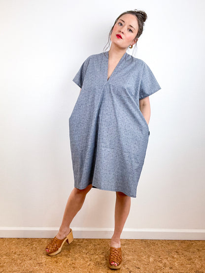 Chambray Smock Dress Grey Embroidered
