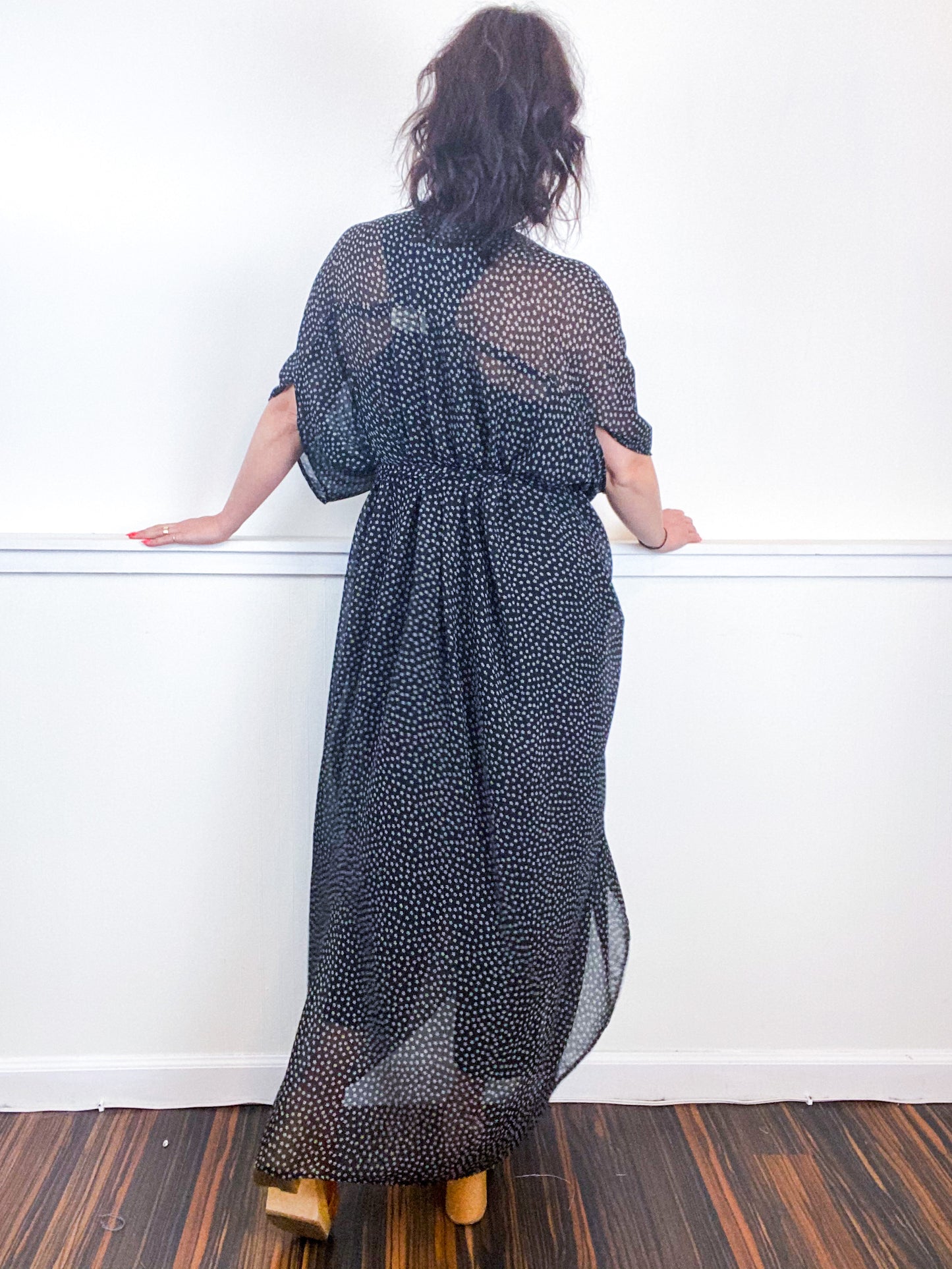 Print High Low Kimono Black Mini Daisy Chiffon