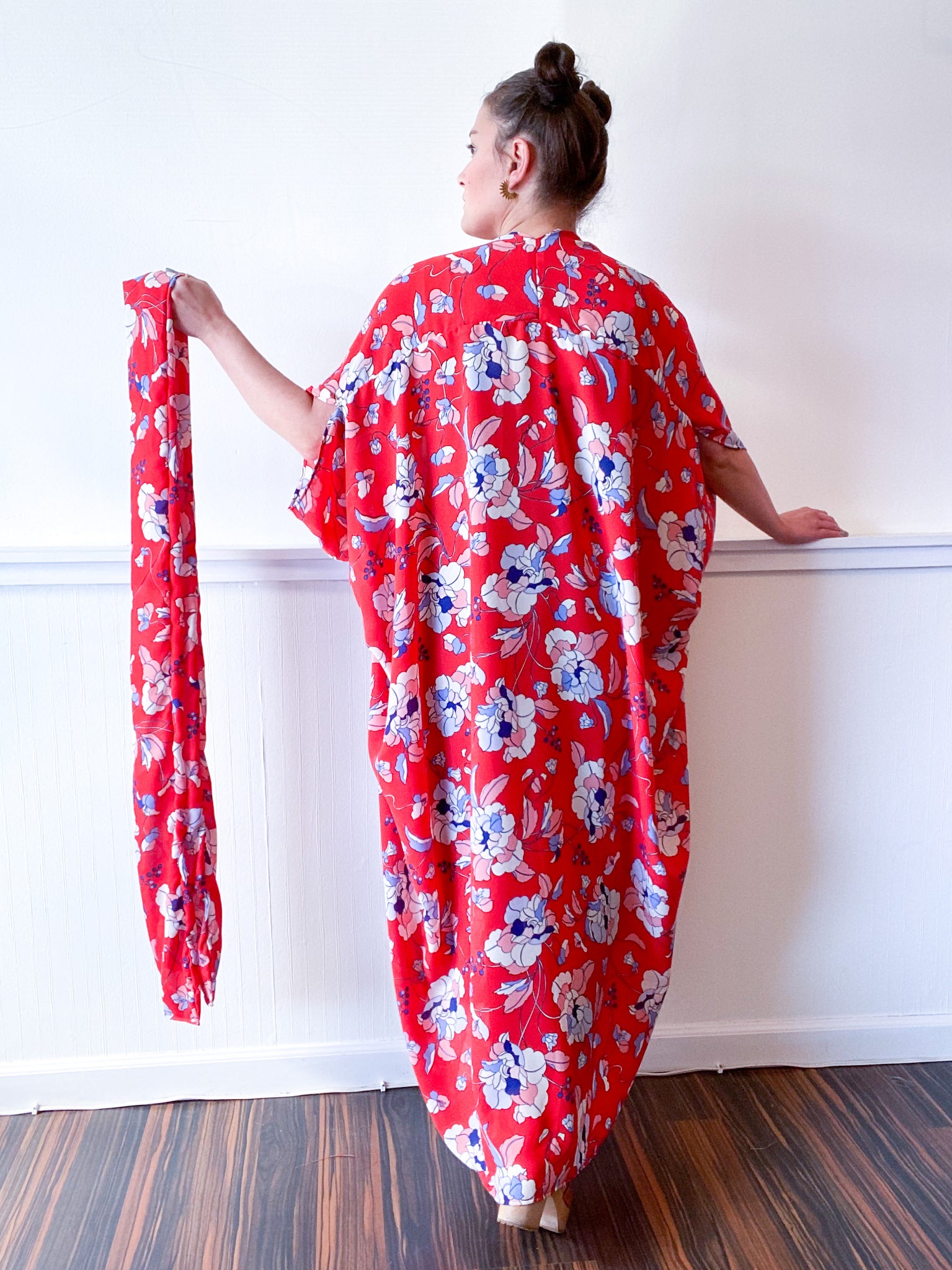 Print High Low Kimono Red Floral Georgette