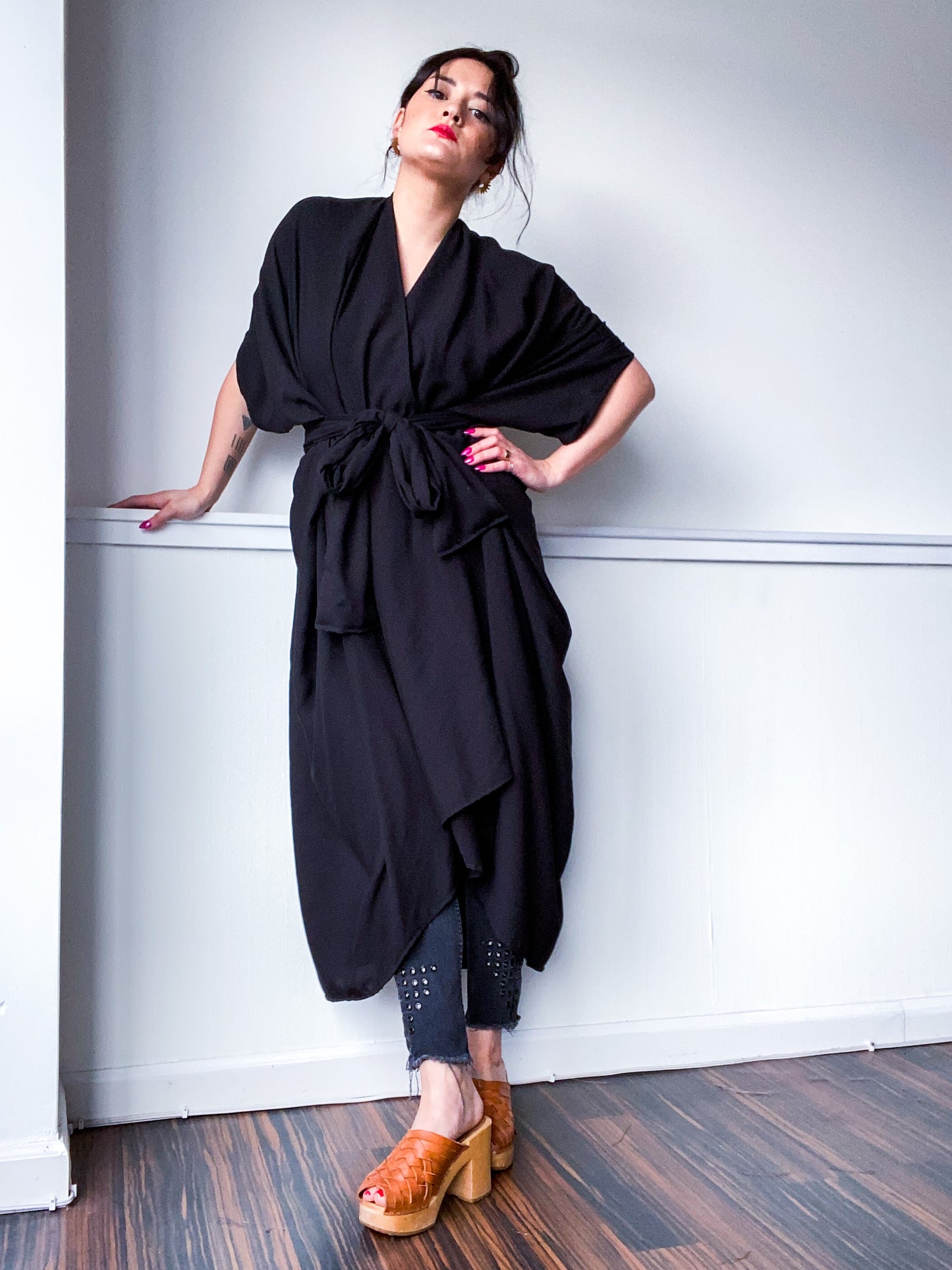 Solid High Low Kimono Black Rayon Challis