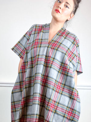 Plaid Smock Dress Grey Red Midi