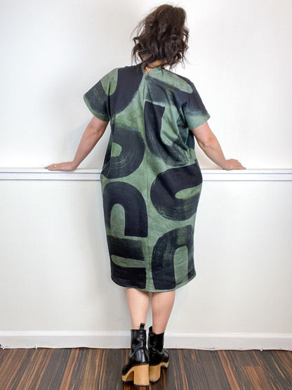 Hand-Dyed Sweatshirt Smock Dress Olive Black Brushstrokes