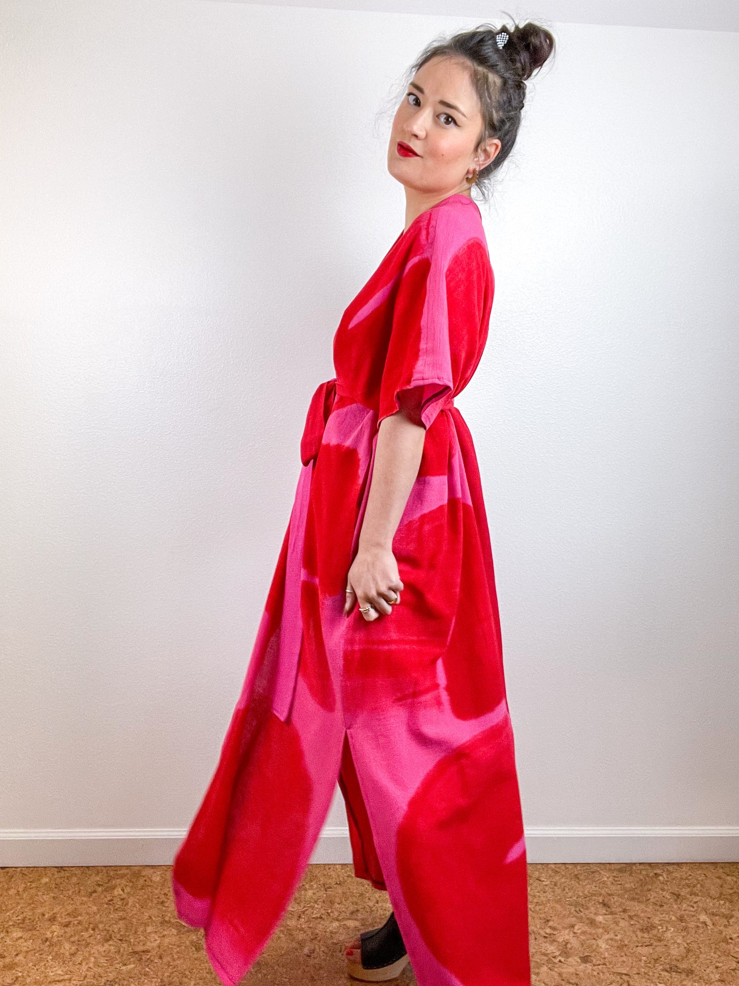 Single Gauze Duster Kimono Scarlet Fuchsia Brushstrokes