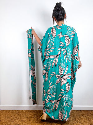 Print High Low Kimono Green Tan Leaves Challis