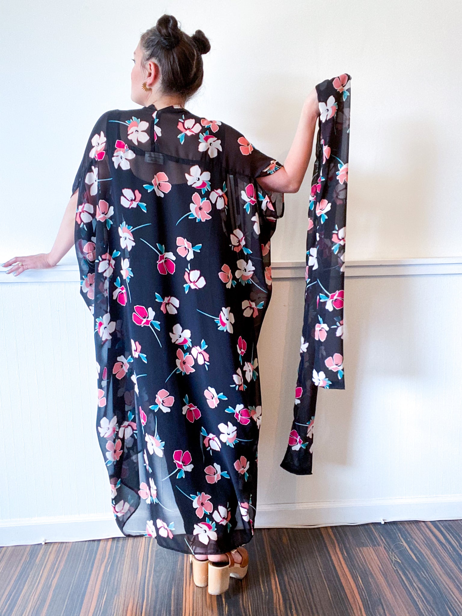 Print High Low Kimono Black Black Pink Floral Chiffon