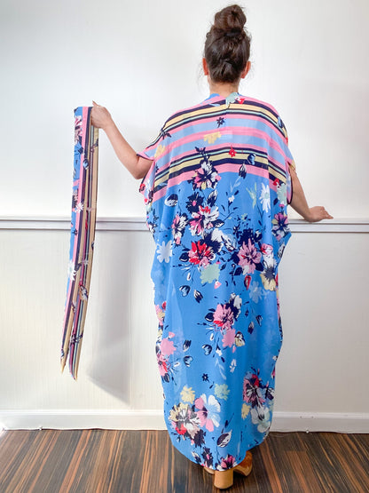 Print High Low Kimono Turquoise Floral Stripe Chiffon