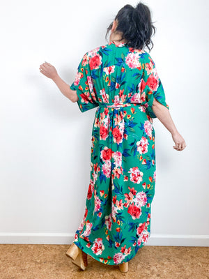 Print High Low Kimono Green Floral Bubble Crepe
