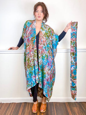 Hand-Dyed High Low Kimono Terracotta Moss Teal Maroon Speckle