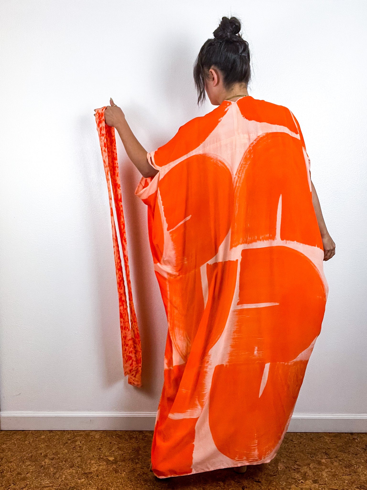 Hand-Dyed High Low Kimono Peach Orange Brushstroke