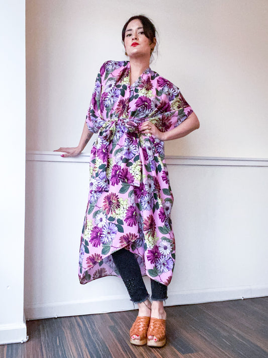 Print High Low Kimono Pink Daisy Floral