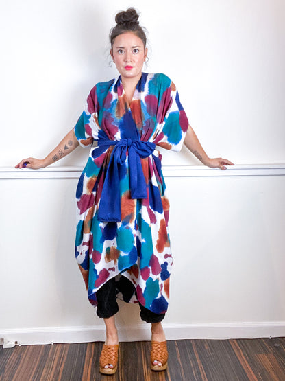 OOAK Hand-Dyed High Low Kimono Maroon Terracotta Indigo Kingfisher Inkblot