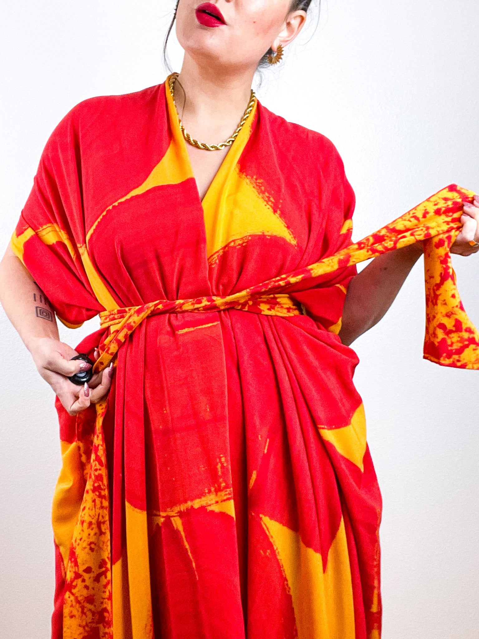 Hand-Dyed High Low Kimono Marigold Scarlet Brushstroke