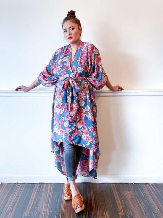 Print High Low Kimono Teal Rose Floral Georgette