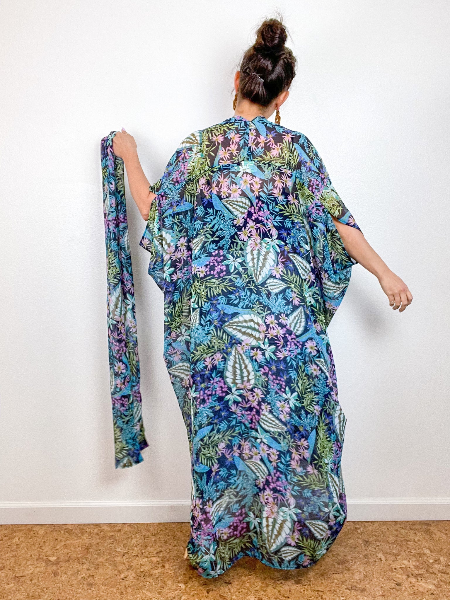 Print High Low Kimono Navy Tropical Floral Chiffon