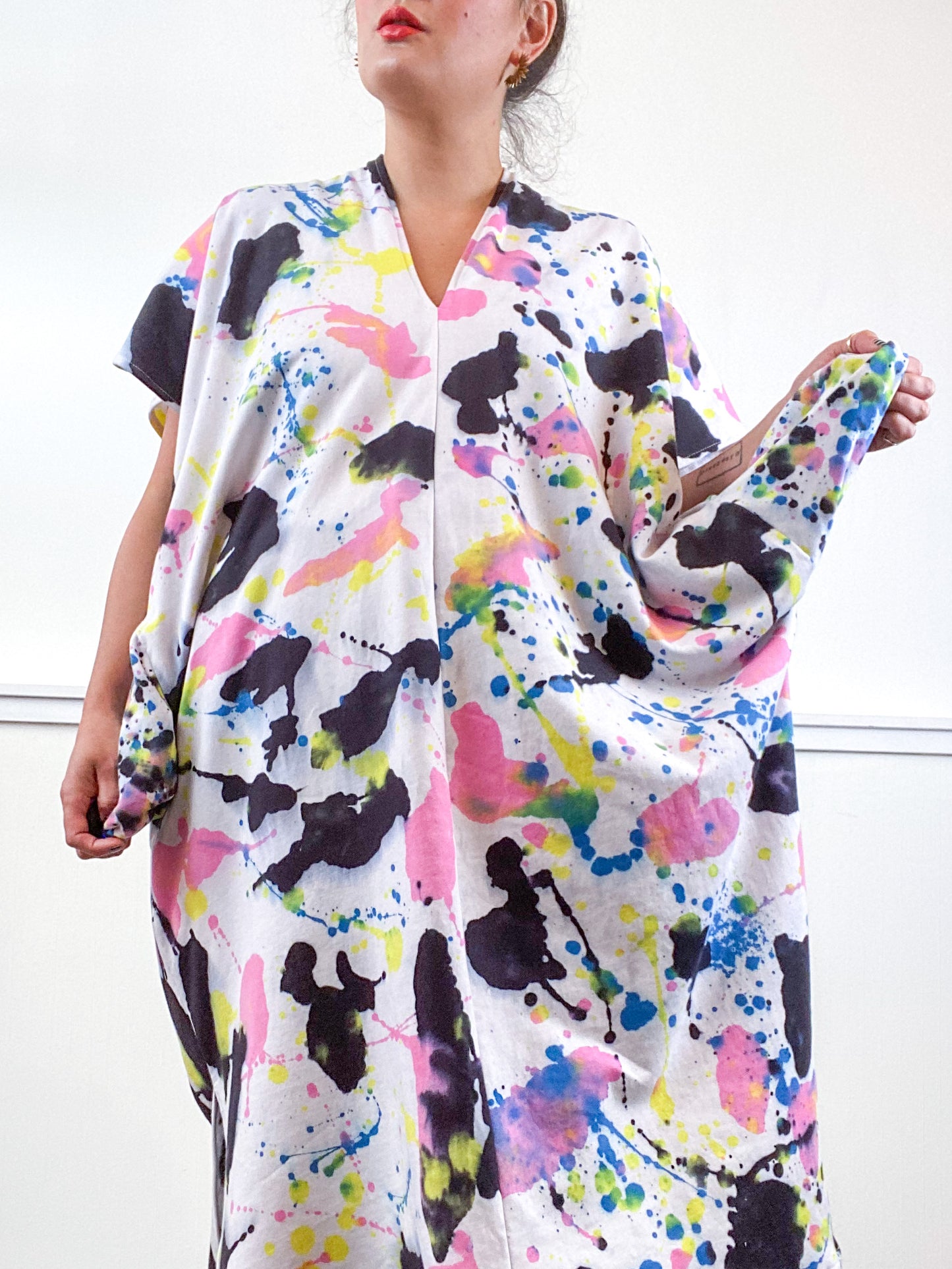 OOAK Hand-Dyed Sweatshirt Smock Dress Size Medium Pink Raven Royal Lemon