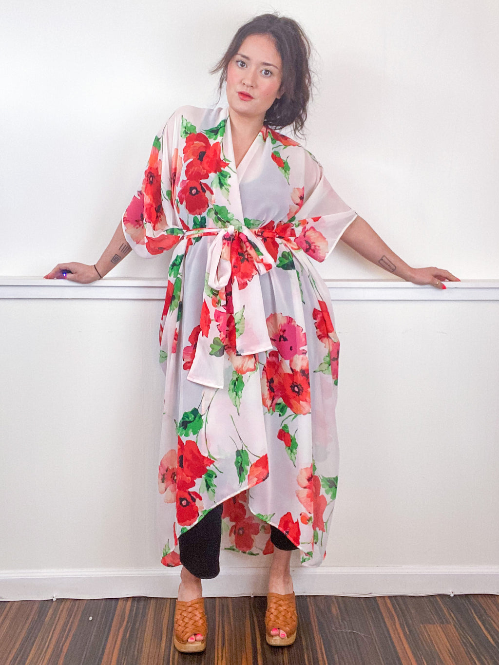 Print High Low Kimono White Poppy Chiffon