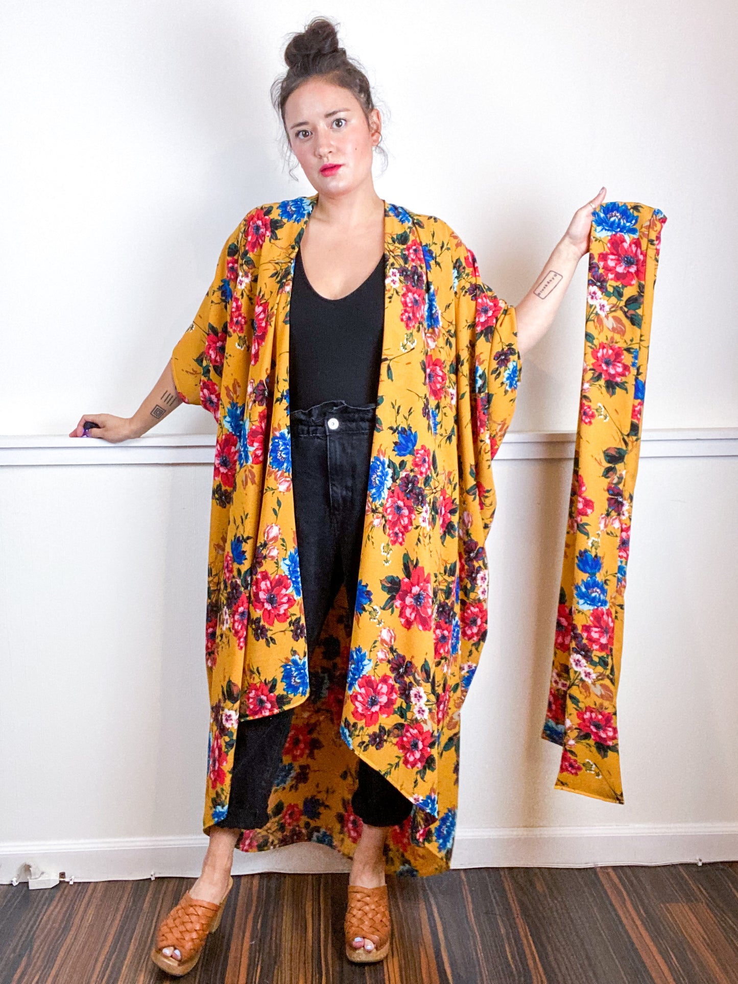 Print High Low Kimono Marigold Floral Bubble Crepe