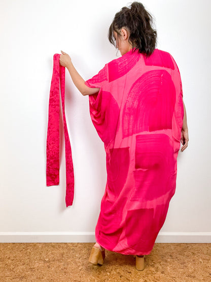 Hand-Dyed High Low Kimono Coral Fuchsia Brushstroke