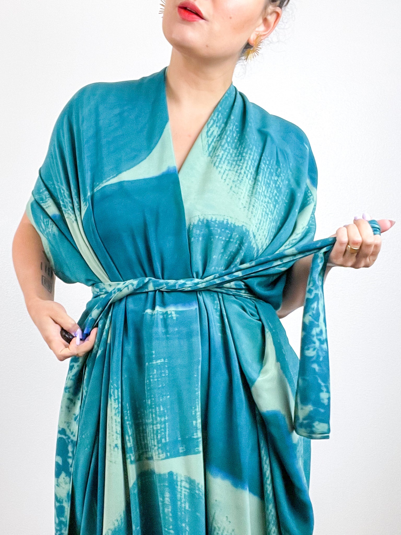 Hand-Dyed High Low Kimono Sage Teal Brushstroke