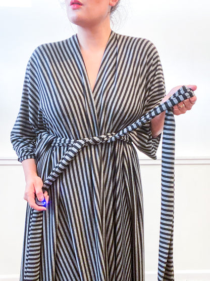 Print High Low Kimono Black Grey Pinstripe Knit