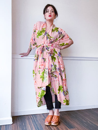 Print High Low Kimono Red Stripe Wildflowers Rayon Challis