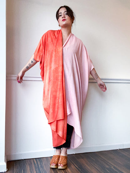 Limited Edition Hand-Dyed High Low Kimono Two Tone Powder Pink Tangerine