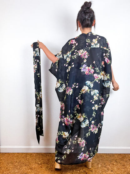 Print High Low Kimono Black Floral Stripe Chiffon