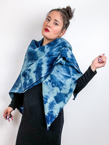 Hand-Dyed Cotton Blanket Scarf Sage Indigo Lines