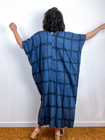 Hand-Dyed Midi Smock Dress Navy Black Windowpane