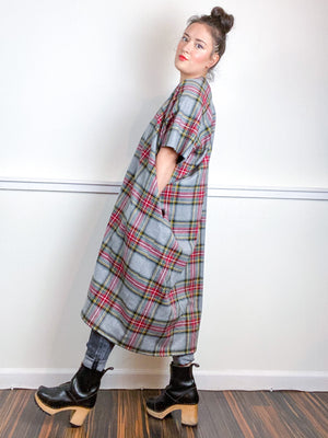 Plaid Smock Dress Grey Red Midi