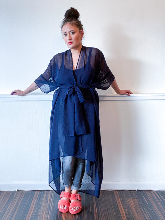 Print High Low Kimono Navy Swiss Dot Chiffon