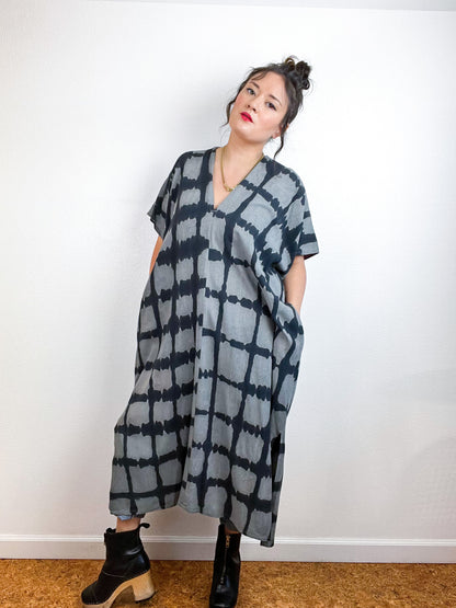 Hand-Dyed Midi Smock Dress Grey Black Windowpane