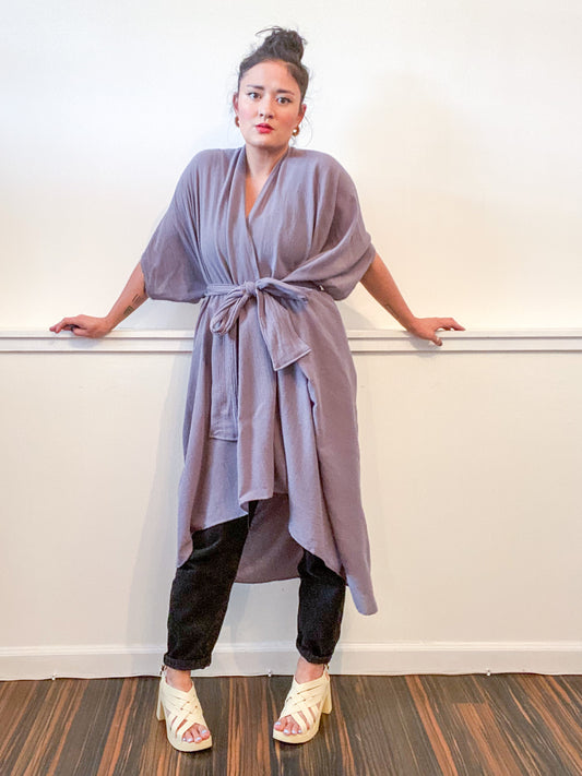 Solid High Low Kimono Grey Cotton Gauze