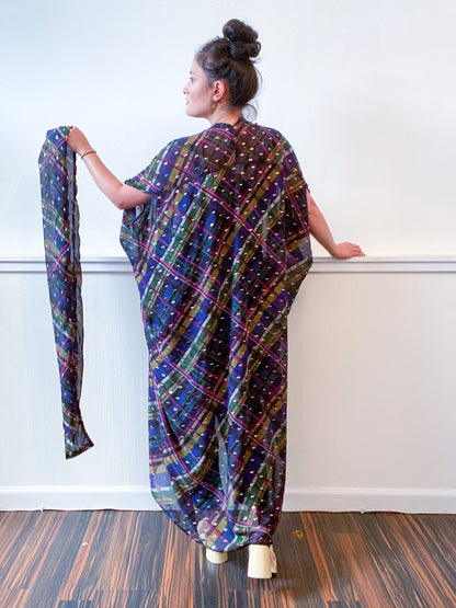 Print High Low Kimono Black Silver Plaid Chiffon
