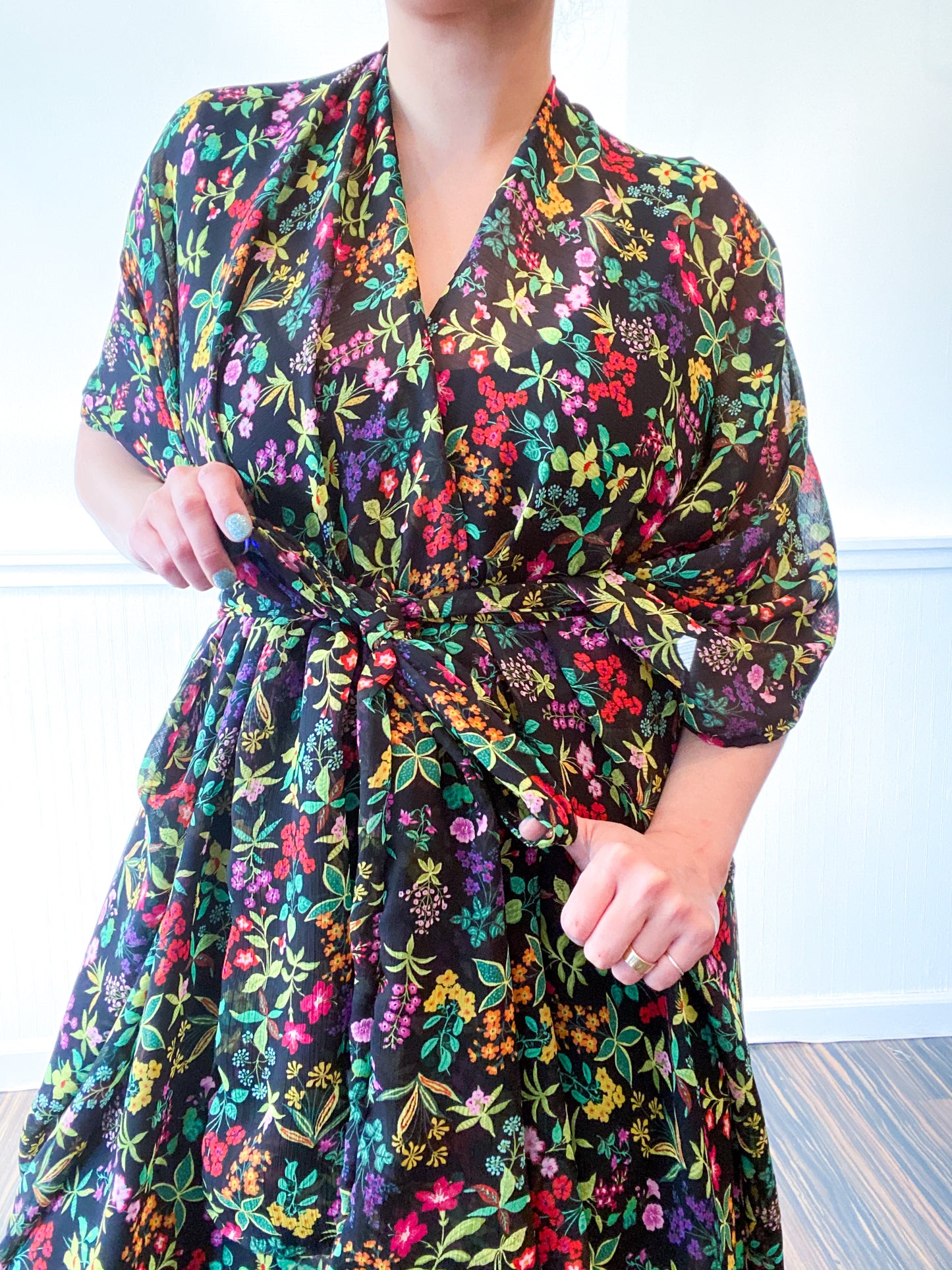 Print High Low Kimono Black Multicolor Floral Crinkle Chiffon