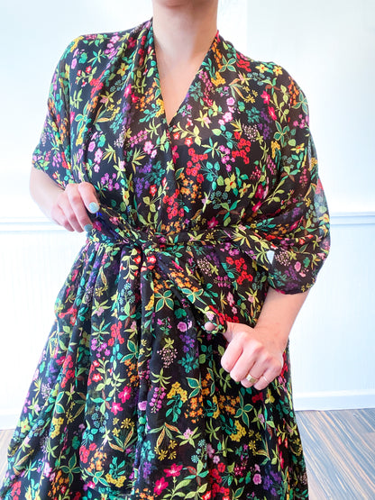 Print High Low Kimono Black Multicolor Floral Crinkle Chiffon