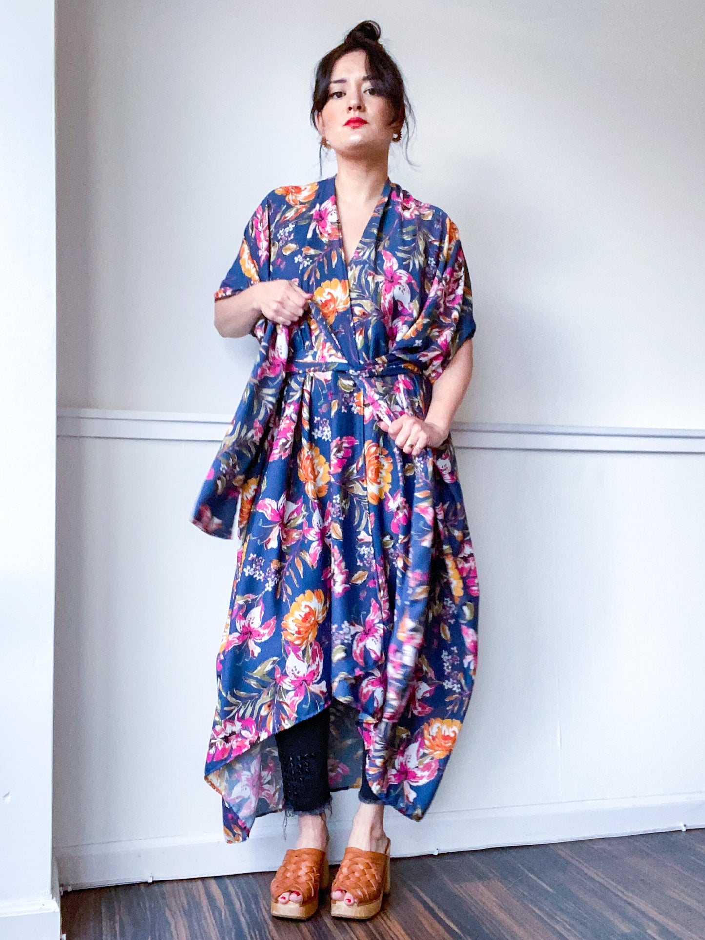 Print High Low Kimono Painterly Floral