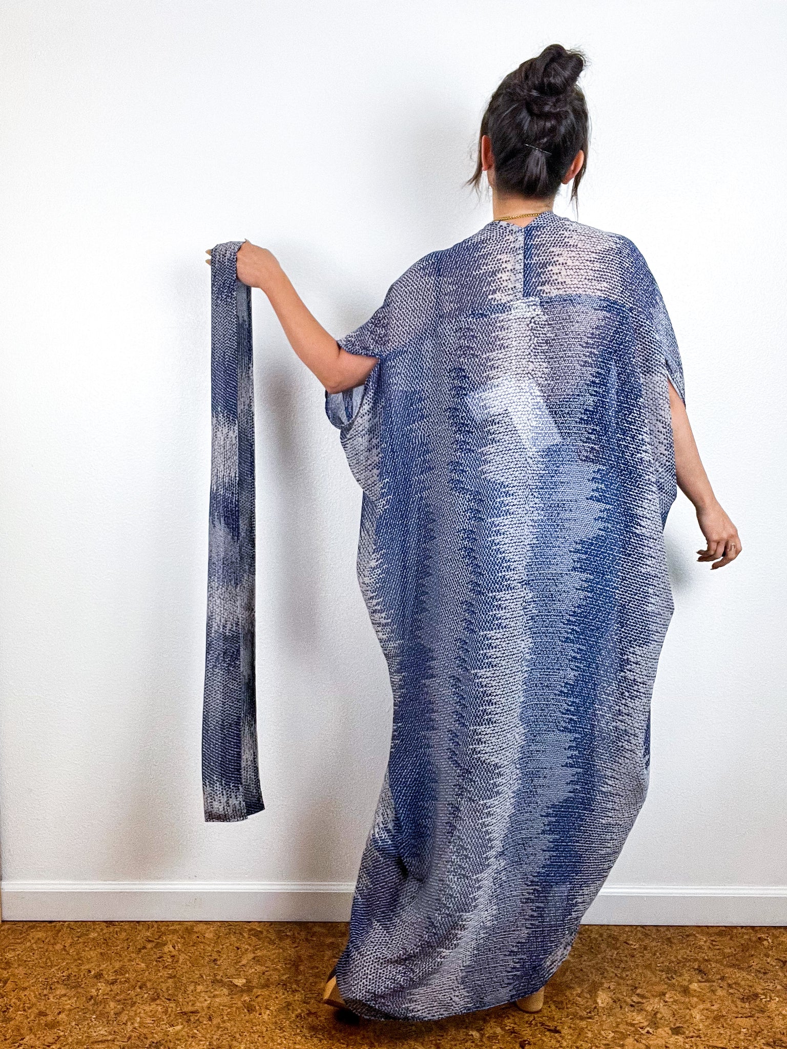 Print High Low Kimono Blue Waves Crinkle Chiffon