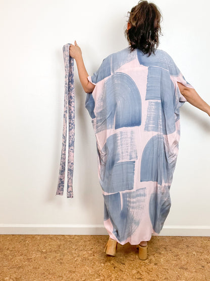 Hand-Dyed High Low Kimono Blush Blue Brushstroke
