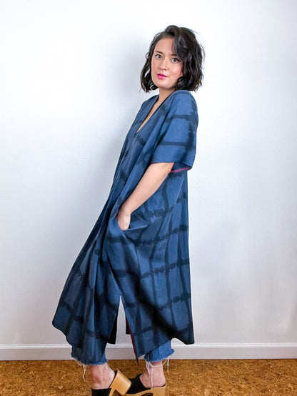 Hand-Dyed Midi Smock Dress Navy Black Windowpane