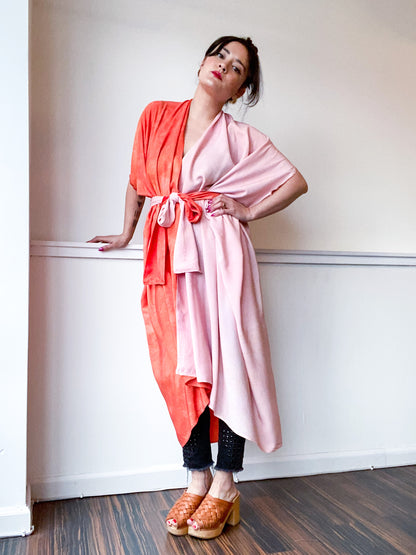 Limited Edition Hand-Dyed High Low Kimono Two Tone Powder Pink Tangerine